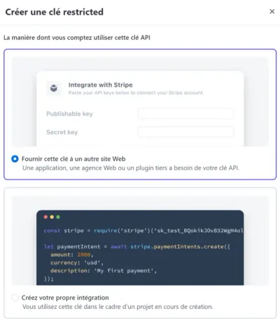 Sélection du type de clé limitée dans Stripe