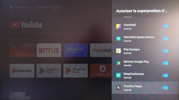 Paramètres - Autoriser la superposition de Touchify
