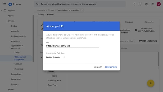 Google Admin - paramètres de l'application